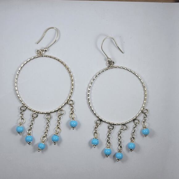 Sterling Silver Hoop Earrings Blue Beads 3 Inch Vintage Dangle Jewelry - Picture 3 of 10